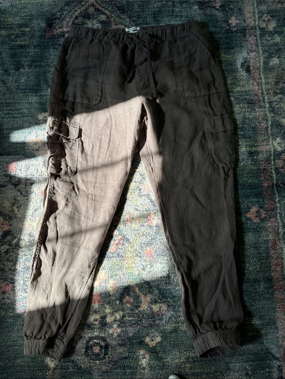 Nicole Miller New York 100% Linen Brown Cargo Jogger Pants Women’s Large New!
